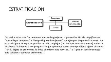 ESTRATIFICACIÓN Dos de los vicios más frecuentes en nuestro lenguaje son la generalización y la simplificación: “nunca llegas temprano” y “siempre logro.