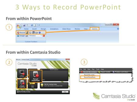 3 Ways to Record PowerPoint From within PowerPoint From within Camtasia Studio.