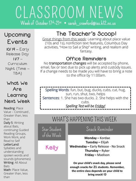 CLASSROOM NEWS The Teacher’s Scoop! Upcoming Events