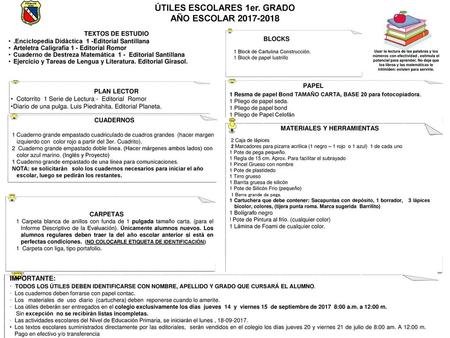 ÚTILES ESCOLARES 1er. GRADO MATERIALES Y HERRAMIENTAS