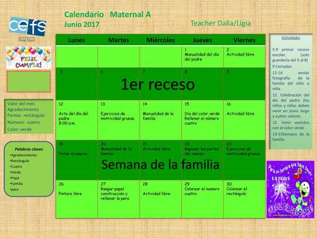 1er receso Semana de la familia Calendario Maternal A Junio 2017