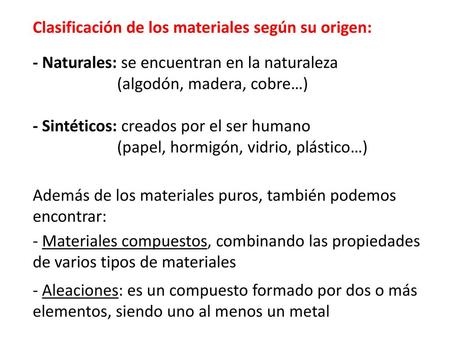 Clasificación de los materiales según su origen: