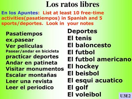 Los ratos libres Deportes El tenis El baloncesto El futbol