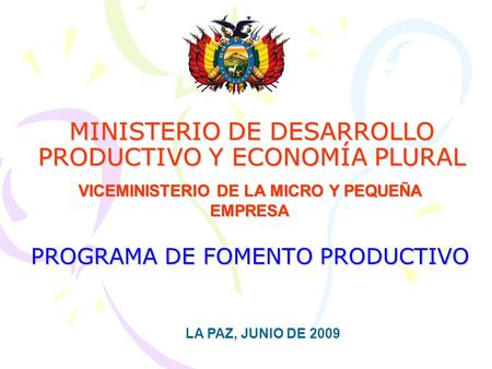 MINISTERIO DE DESARROLLO PRODUCTIVO Y ECONOMÍA PLURAL PROGRAMA DE FOMENTO PRODUCTIVO VICEMINISTERIO DE LA MICRO Y PEQUEÑA EMPRESA LA PAZ, JUNIO DE 2009.