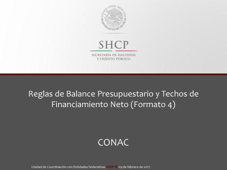 Reglas de Balance Presupuestario y Techos de Financiamiento Neto (Formato 4) CONAC Unidad de Coordinación con Entidades Federativas UCEF  09 de febrero.