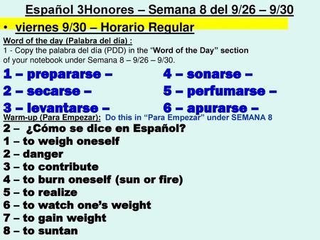 Español 3Honores – Semana 8 del 9/26 – 9/30