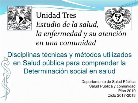 Unidad Tres Estudio de la salud, la enfermedad y su atención en una comunidad Disciplinas técnicas y métodos utilizados en Salud pública para comprender.