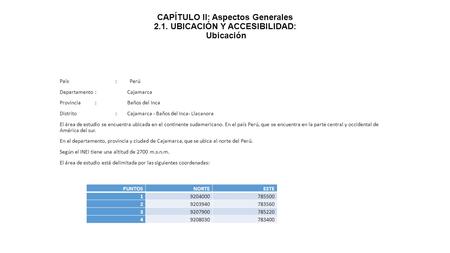 CAPÍTULO II: Aspectos Generales 2.1. UBICACIÓN Y ACCESIBILIDAD: Ubicación País : Perú Departamento :Cajamarca Provincia :Baños del Inca Distrito :Cajamarca.