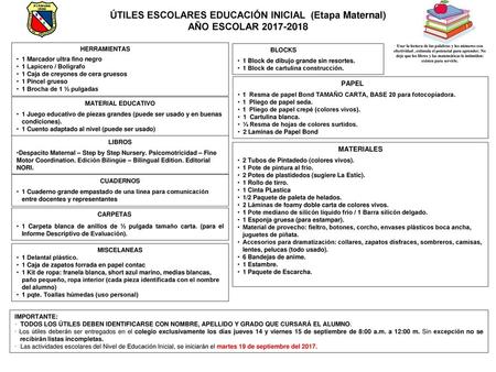 ÚTILES ESCOLARES EDUCACIÓN INICIAL (Etapa Maternal)