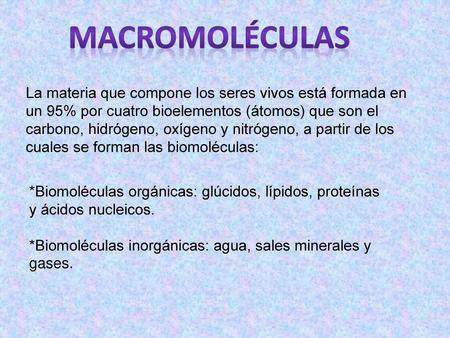 Macromoléculas La materia que compone los seres vivos está formada en un 95% por cuatro bioelementos (átomos) que son el carbono, hidrógeno, oxígeno y.