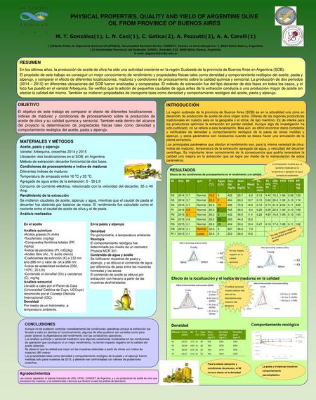 E-mail: mtgonzal@criba.edu.ar PHYSICAL PROPERTIES, QUALITY AND YIELD OF ARGENTINE OLIVE OIL FROM PROVINCE OF BUENOS AIRES M. T. González(1), L. N. Ceci(1),