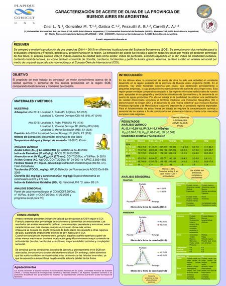 E-mail: mtgonzal@criba.edu.ar CARACTERIZACIÓN DE ACEITE DE OLIVA DE LA PROVINCIA DE BUENOS AIRES EN ARGENTINA Ceci L. N.1, González M. T.1,3, Gatica C.1,2,