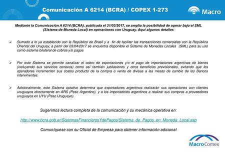 Comunicación A 6214 (BCRA) / COPEX 1-273