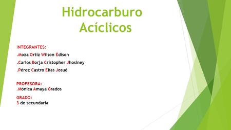 Hidrocarburo Acíclicos INTEGRANTES:.Moza Ortiz Wilson Édison.Carlos Borja Cristopher Jhosiney.Pérez Castro Elías Josué PROFESORA:.Mónica Amaya Grados GRADO: