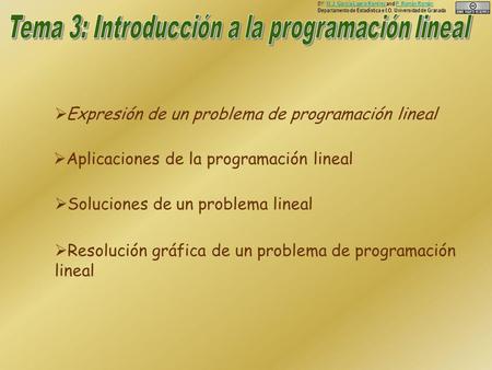 Expresión de un problema de programación lineal Aplicaciones de la programación lineal Soluciones de un problema lineal Resolución gráfica de un problema.