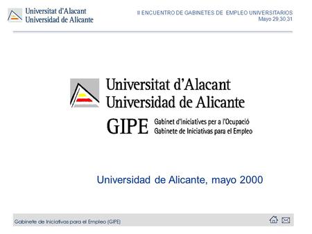 Universidad de Alicante, mayo 2000 II ENCUENTRO DE GABINETES DE EMPLEO UNIVERSITARIOS Mayo 29,30,31.