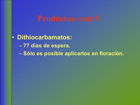 Productos cont V. Dithiocarbamatos: –77 días de espera. –Sólo es posible aplicarlos en floración.