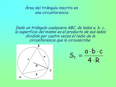 Área del triángulo inscrito en una circunferencia