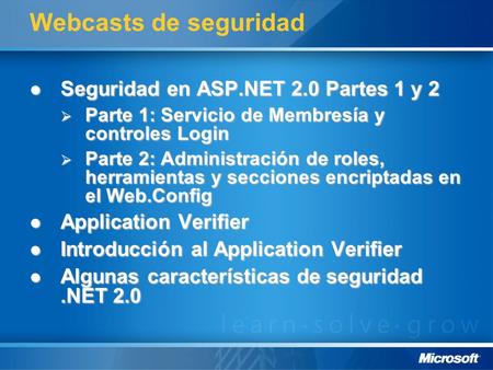 Webcasts de seguridad Seguridad en ASP.NET 2.0 Partes 1 y 2 Seguridad en ASP.NET 2.0 Partes 1 y 2 Parte 1: Servicio de Membresía y controles Login Parte.