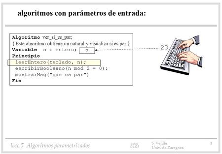 Curso 04/05 lecc.5 Algoritmos parametrizados S. Velilla 1 Univ. de Zaragoza algoritmos con parámetros de entrada: Algoritmo ver_si_es_par; { Este algoritmo.