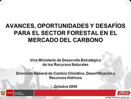 AVANCES, OPORTUNIDADES Y DESAFÍOS PARA EL SECTOR FORESTAL EN EL MERCADO DEL CARBONO Vice Ministerio de Desarrollo Estratégico de los Recursos Naturales.