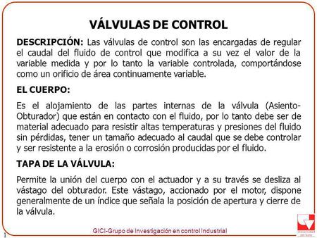 1 VÁLVULAS DE CONTROL DESCRIPCIÓN: Las válvulas de control son las encargadas de regular el caudal del fluido de control que modifica a su vez el valor.