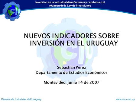 NUEVOS INDICADORES SOBRE INVERSIÓN EN EL URUGUAY Sebastián Pérez Departamento de Estudios Económicos Montevideo, junio 14 de 2007 Inversión en la Industria.