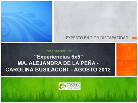 EXPERTO EN TIC Y DISCAPACIDAD- Presentación de Experiencias 5x5 MA. ALEJANDRA DE LA PEÑA - CAROLINA BUSILACCHI – AGOSTO 2012.