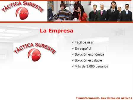 Fácil de usar En español Solución económica Solución escalable Más de 3.000 usuarios La Empresa.