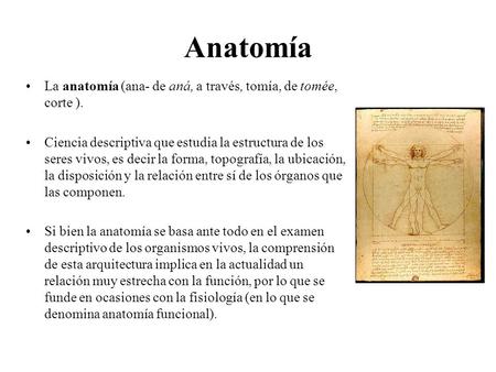 Anatomía La anatomía (ana- de aná, a través, tomía, de tomée, corte ).