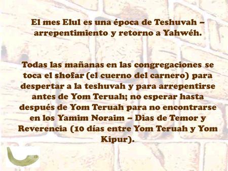 El mes Elul es una época de Teshuvah – arrepentimiento y retorno a Yahwéh. Todas las mañanas en las congregaciones se toca el shofar (el cuerno del carnero)