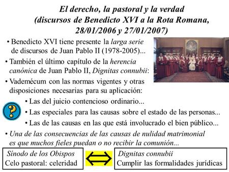 El derecho, la pastoral y la verdad (discursos de Benedicto XVI a la Rota Romana, 28/01/2006 y 27/01/2007) Benedicto XVI tiene presente la larga serie.