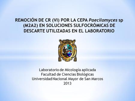 REMOCIÓN DE CR (VI) POR LA CEPA Paecilomyces sp (M2A2) EN SOLUCIONES SULFOCRÓMICAS DE DESCARTE UTILIZADAS EN EL LABORATORIO Laboratorio de Micología aplicada.