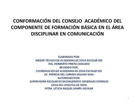 CONFORMACIÓN DEL CONSEJO ACADÉMICO DEL COMPONENTE DE FORMACIÓN BÁSICA EN EL ÁREA DISCIPLINAR EN COMUNICACIÓN ELABORADO POR: ASESOR TÉCNICO DE ACADEMIAS.