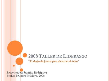 2008 T ALLER DE L IDERAZGO “Trabajando juntos para alcanzar el éxito” Presentados: Juanita Rodriguez Fecha: Primero de Mayo, 2008.