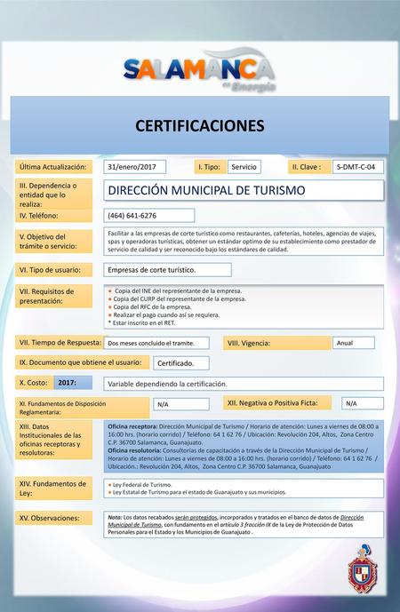CERTIFICACIONES DIRECCIÓN MUNICIPAL DE TURISMO Última Actualización: