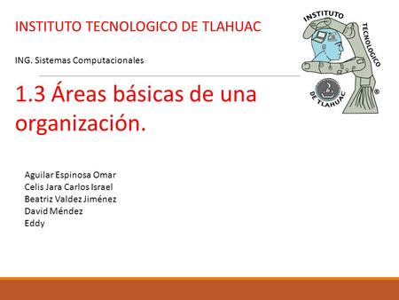 INSTITUTO TECNOLOGICO DE TLAHUAC ING. Sistemas Computacionales 1.3 Áreas básicas de una organización. Aguilar Espinosa Omar Celis Jara Carlos Israel Beatriz.