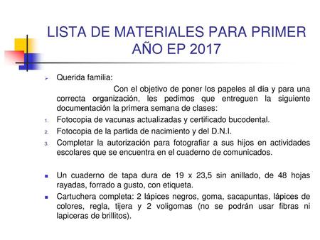 LISTA DE MATERIALES PARA PRIMER AÑO EP 2017