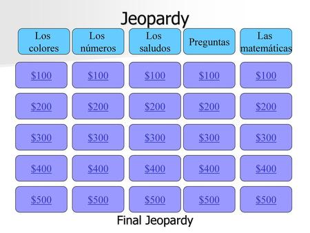 Jeopardy Final Jeopardy Los colores Los números Los saludos Preguntas