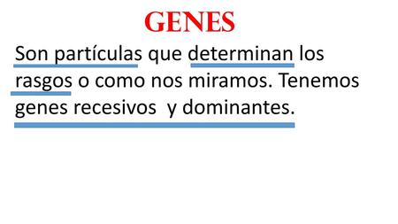 Genes Son partículas que determinan los rasgos o como nos miramos. Tenemos genes recesivos y dominantes.