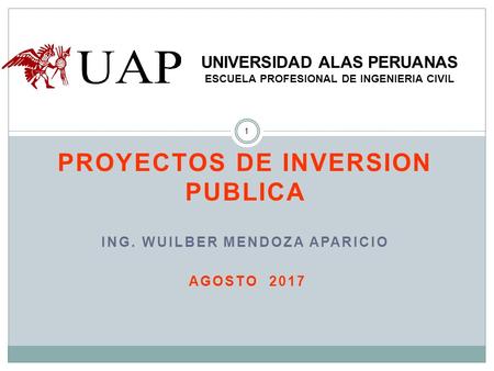 PROYECTOS DE INVERSION PUBLICA ING. WUILBER MENDOZA APARICIO AGOSTO UNIVERSIDAD ALAS PERUANAS ESCUELA PROFESIONAL DE INGENIERIA CIVIL.