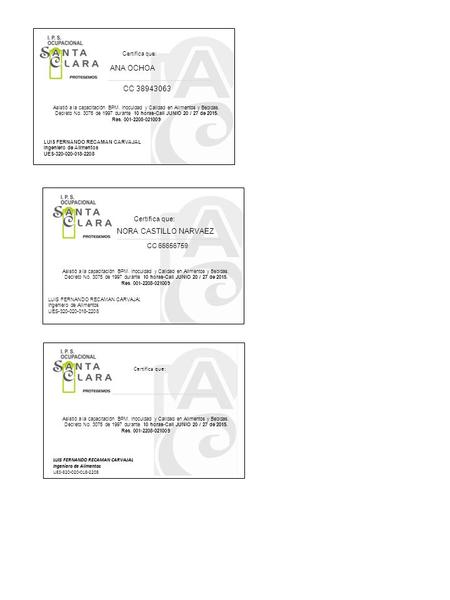Asistió a la capacitación BPM. Inocuidad y Calidad en Alimentos y Bebidas. Decreto No de 1997 durante 10 horas-Cali JUNIO 20 / 27 de Res