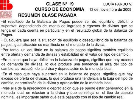 CLASE N° 19 LUCÍA PARDO V. CURSO DE ECONOMIA 13 de noviembre de 2009