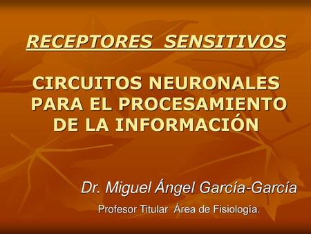 RECEPTORES SENSITIVOS CIRCUITOS NEURONALES PARA EL PROCESAMIENTO DE LA INFORMACIÓN Dr. Miguel Ángel García-García Profesor Titular Área de Fisiología.