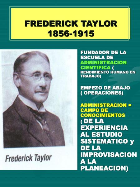 FREDERICK TAYLOR 1856-1915 FUNDADOR DE LA ESCUELA DE ADMINISTRACION CIENTIFICA ( RENDIMIENTO HUMANO EN TRABAJO) EMPEZO DE ABAJO ( OPERACIONES) ADMINISTRACION.