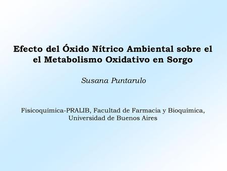 Efecto del Óxido Nítrico Ambiental sobre el el Metabolismo Oxidativo en Sorgo Susana Puntarulo Fisicoquímica-PRALIB, Facultad de Farmacia y Bioquímica,
