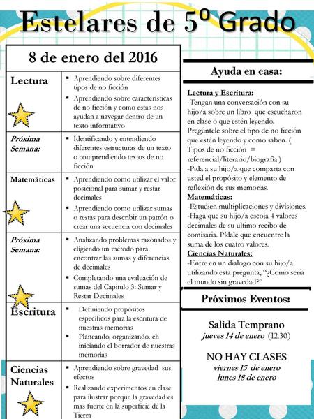 Estelares de 5⁰ Grado 8 de enero del 2016 Lectura Ayuda en casa: