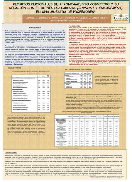 RECURSOS PERSONALES DE AFRONTAMIENTO COGNITIVO Y SU RELACIÓN CON EL BIENESTAR LABORAL (BURNOUT Y ENGAGEMENT) EN UNA MUESTRA DE PROFESORES* Gismero, E.,