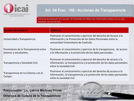 Art. 34 Frac . VIII.- Acciones de Transparencia