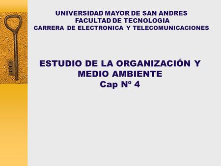 UNIVERSIDAD MAYOR DE SAN ANDRES FACULTAD DE TECNOLOGIA CARRERA DE ELECTRONICA Y TELECOMUNICACIONES ESTUDIO DE LA ORGANIZACIÓN Y MEDIO AMBIENTE Cap Nº.